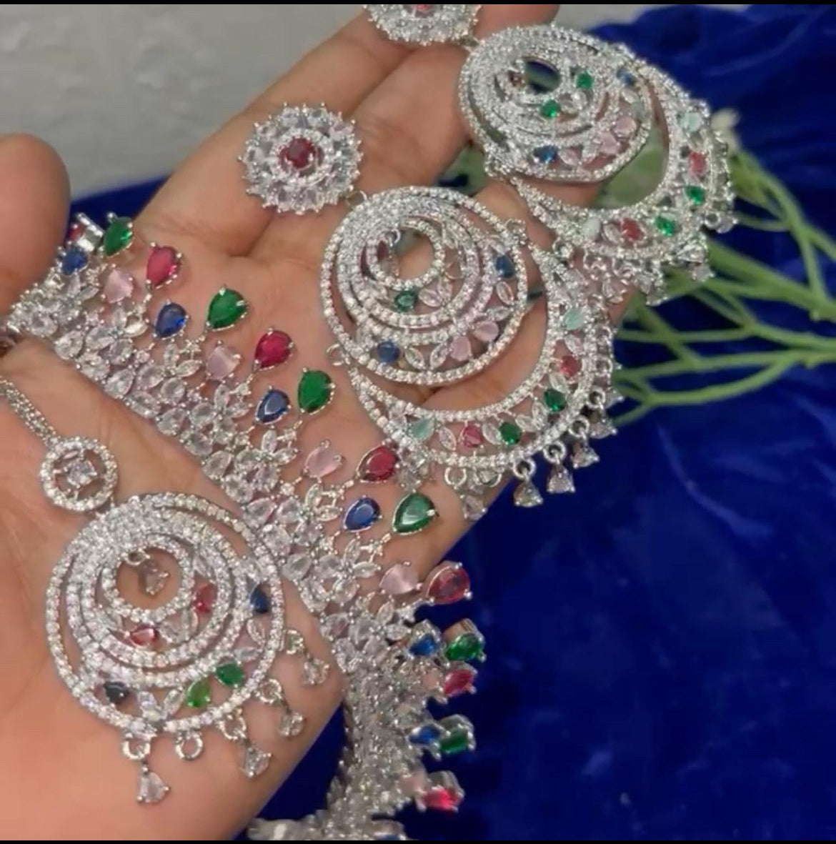 AD necklace set multi colour with matching tikka and earrings.