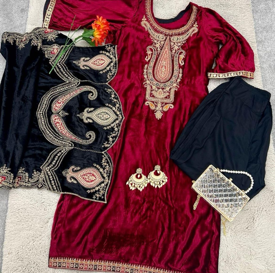 Velvet suit with embroidered shawl and trouser. Elegance Comfort Soft Formal Womenswear