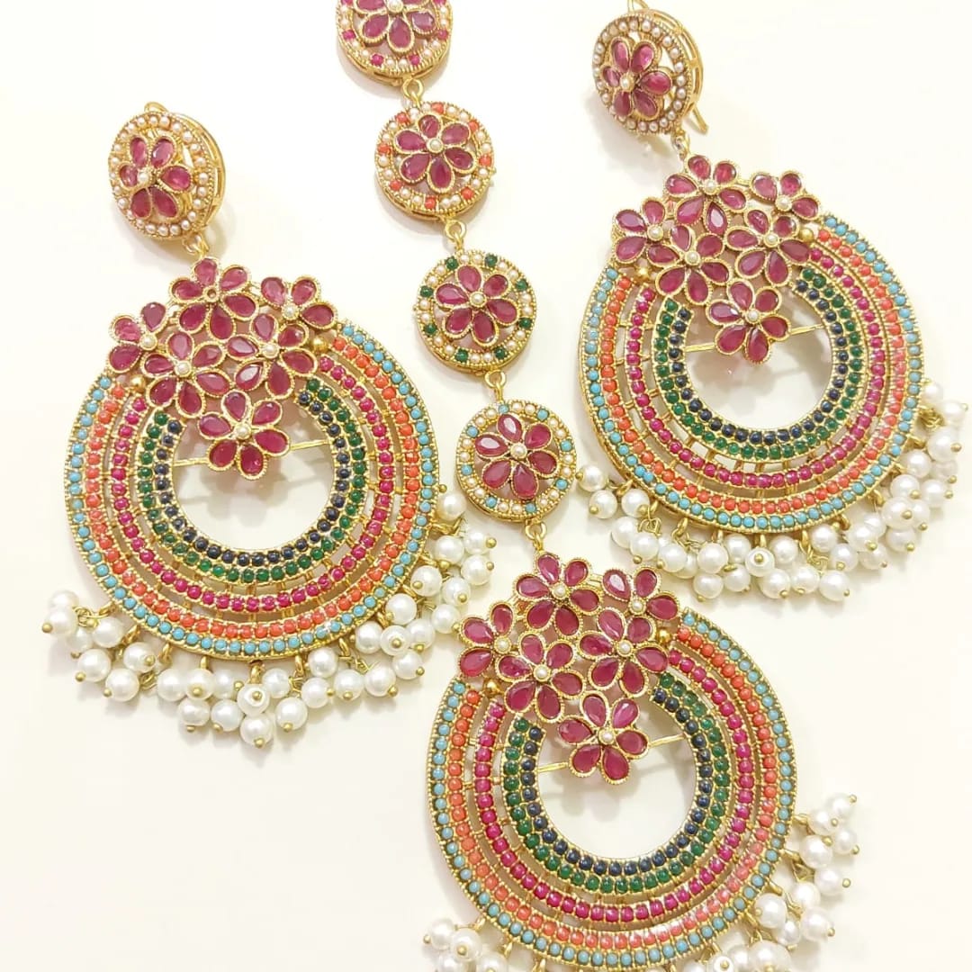 Stunning Jhumka Earrings with Maang Tikka: Perfect Bridal Accessory Set"